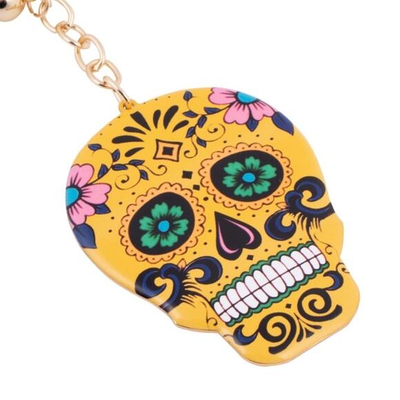 Yellow Sugar Skull Tassel Keychain KeyRing Bag Charm - Picture 1 of 4